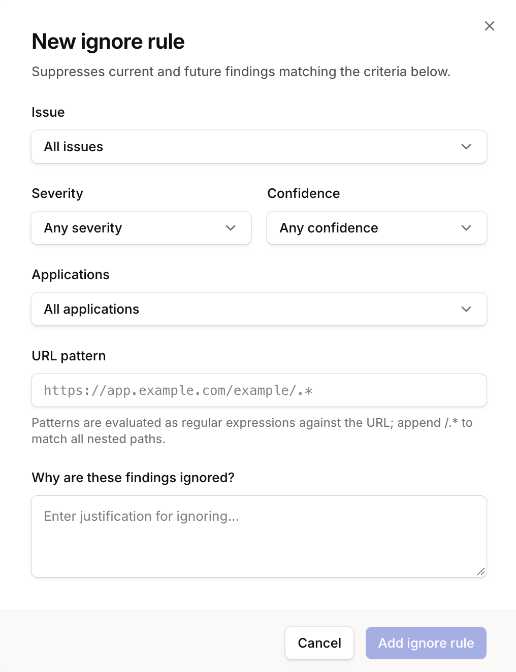 The new ignore rule form: issue, severity, confidence, applications, URL pattern, and reason